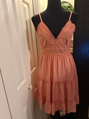 Dusty Peach Lace Crochet Tiered Tie-Back Mini Dress